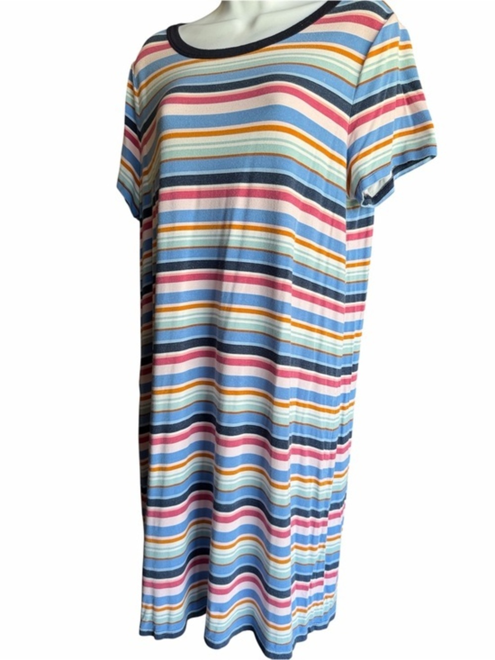 LOFT Navy-Trim Multicolor Striped Tee Dress